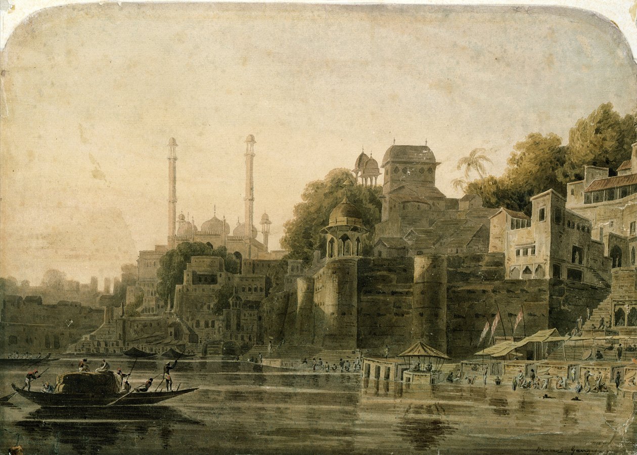 Badescene ved Ghat på Ganges af William Daniell