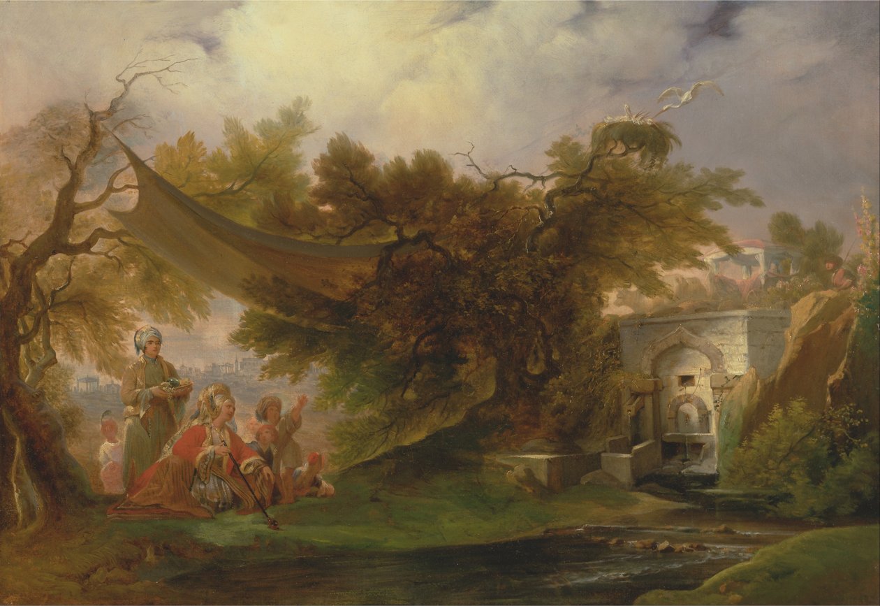 Indisk landskab med figurer ved en bæk af William Daniell