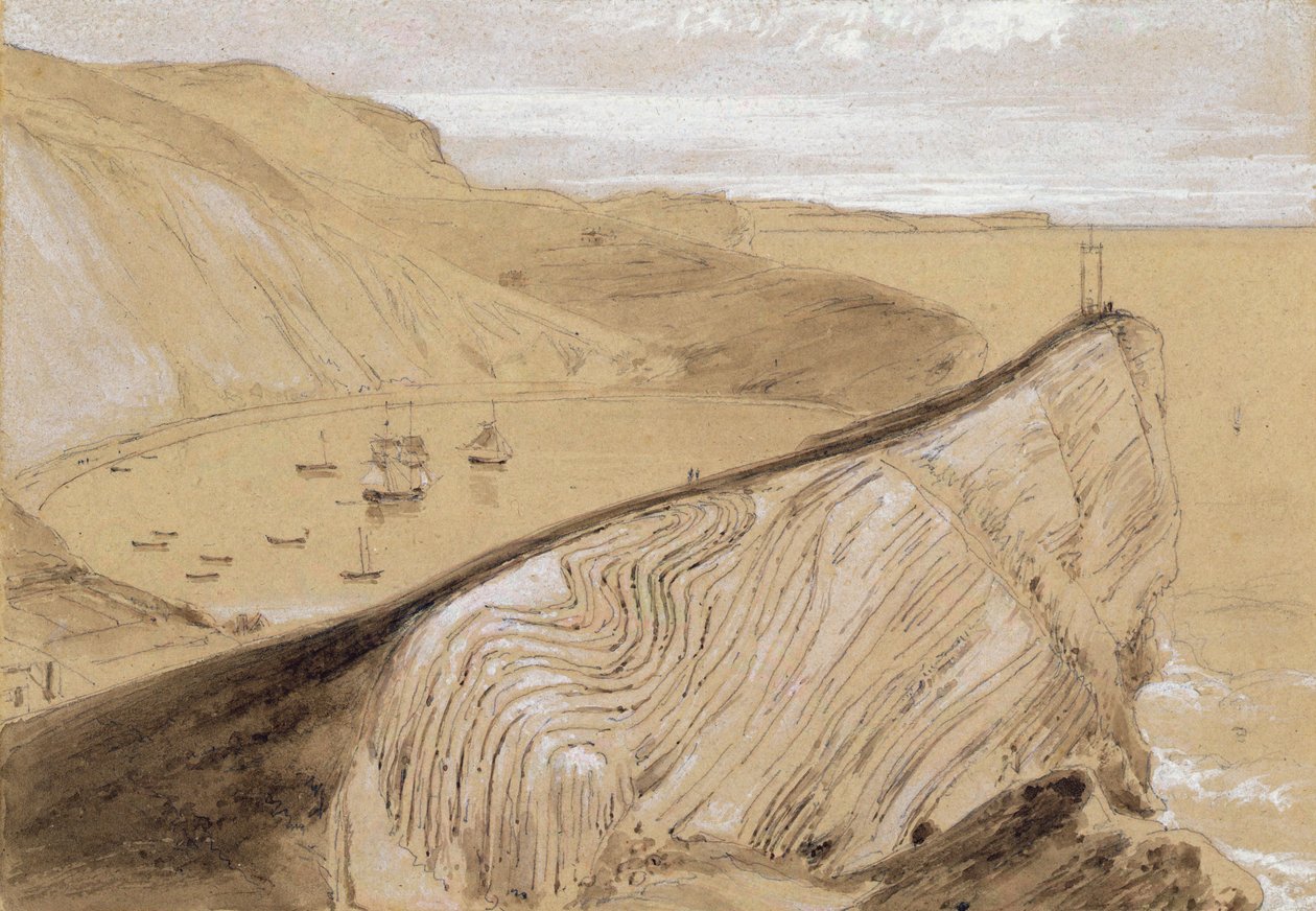 Lulworth Cove (wc, gouache og grafit på beige vævet papir) af William Daniell