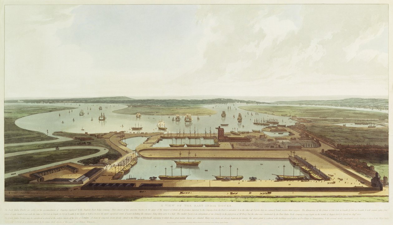 New Dock, Wapping, 1808 (håndfarvet akvatint) af William Daniell
