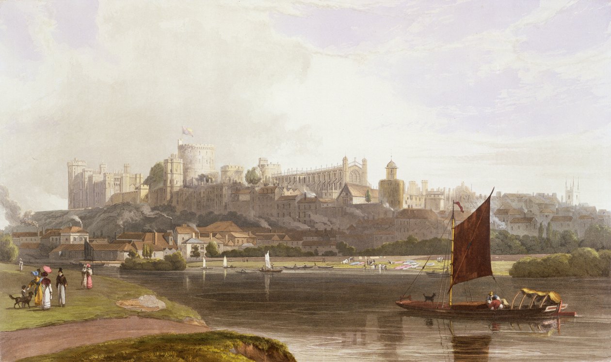 Windsor Castle fra River Meadow ved Themsen, fra en samling af udsigter over Windsor, Eton og Virginia Water, ca. 1827-30 af William Daniell