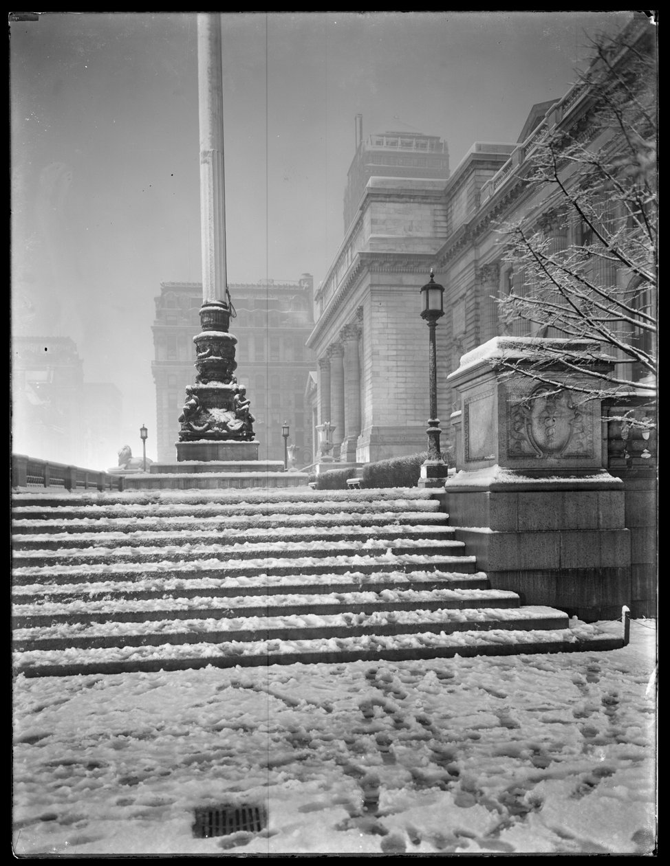 Nattevisning af indgangen til hovedafdelingen af New York Public Library fra de nordøstlige trin, i sneen, 42nd Street og Fifth Avenue, New York City, 6. marts 1915 af William Davis Hassler