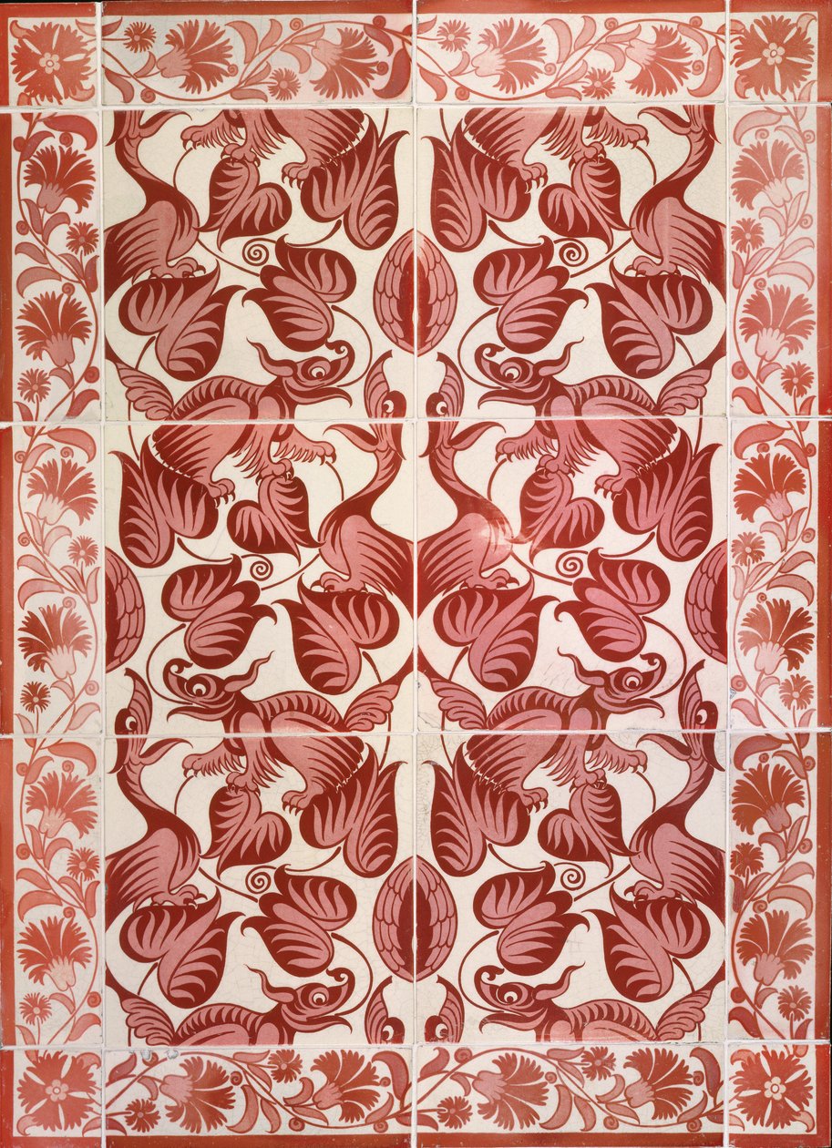 C.4-1941 Flisepanel med gentaget mønster af fugle, drager og blade, ca.1882-88 (lertøj med glansglasur) af William de Morgan