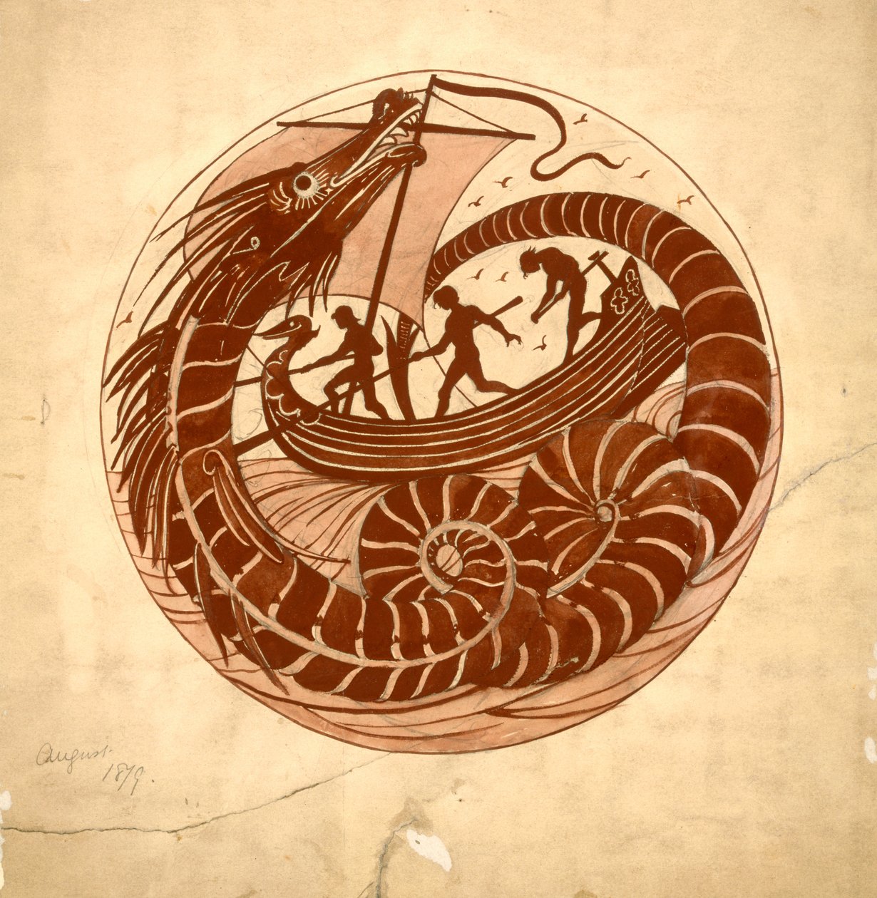 Design til et fad med en havdrage og en båd, 1879 (gouache og blyant på papir) af William de Morgan