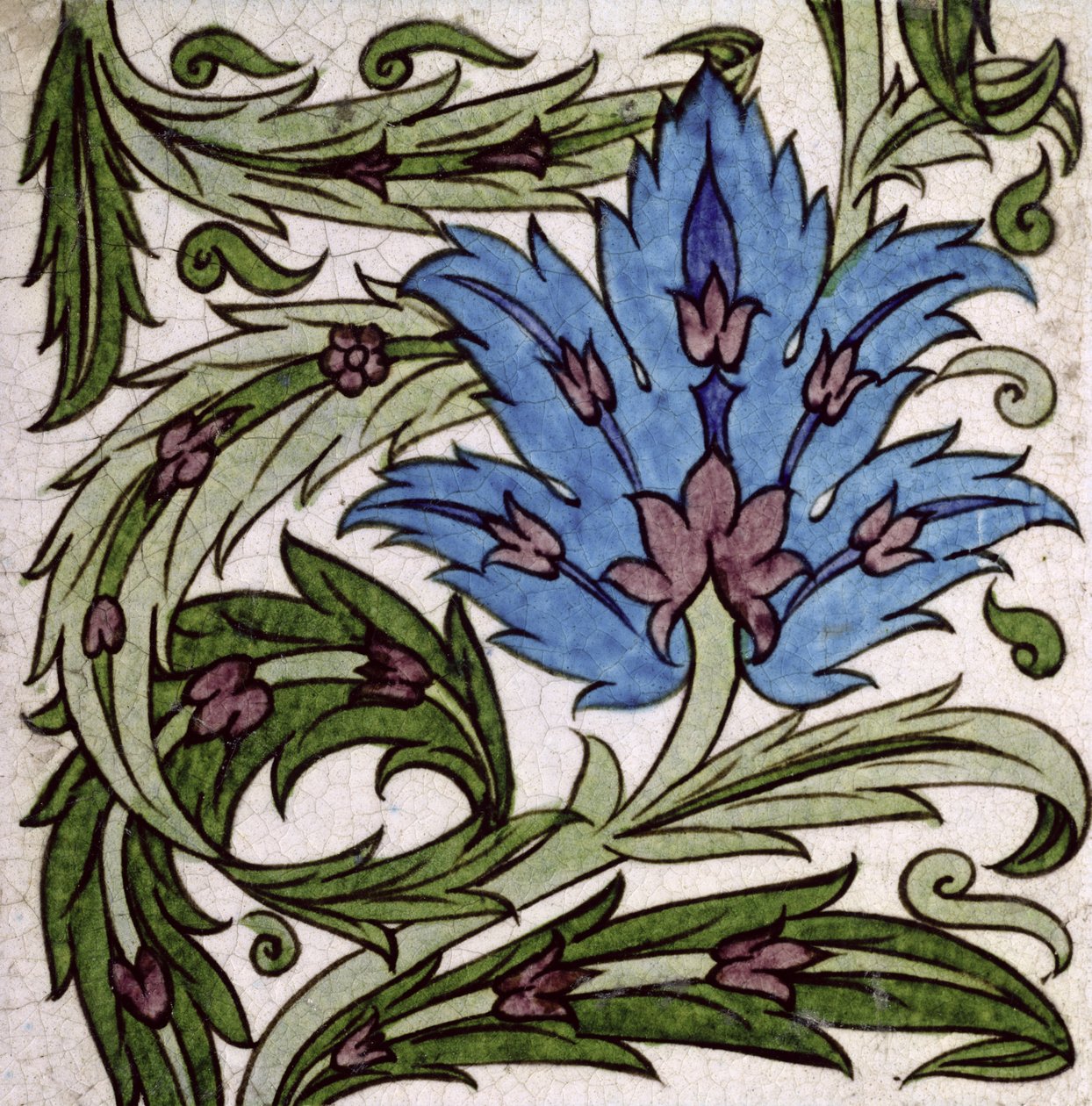 Flise med stiliseret blomsterdesign (keramik) af William de Morgan