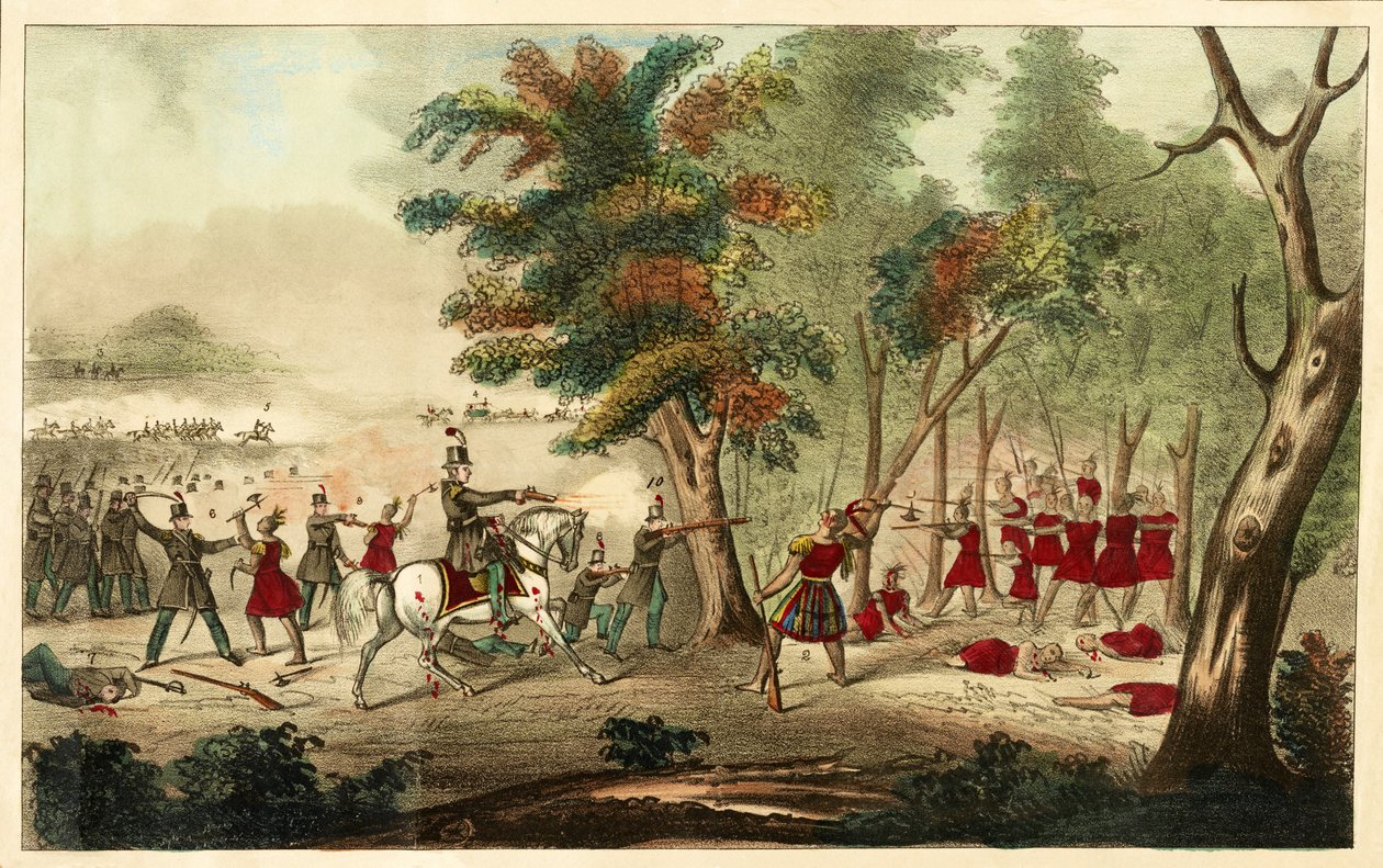 Slaget ved Themsen og Tecumsehs død, af Kentucky Mounted Volunteers ledet af oberst Richard M. Johnson, 5. oktober 1813, 1833 (håndfarvet litho) af William Emmons