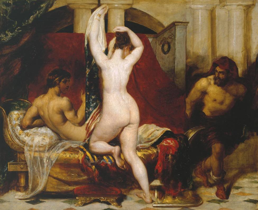 Candaules, konge af Lydia, viser sin kone skjule Gyges, en af ​​hans ministre, mens han går i seng Dette billede illustrerer Herodotos version af historien om Gyges.n Engelsk: Candaules, King of Lydia, Shews his Wife by Stealth to Gyges, One of h af William Etty