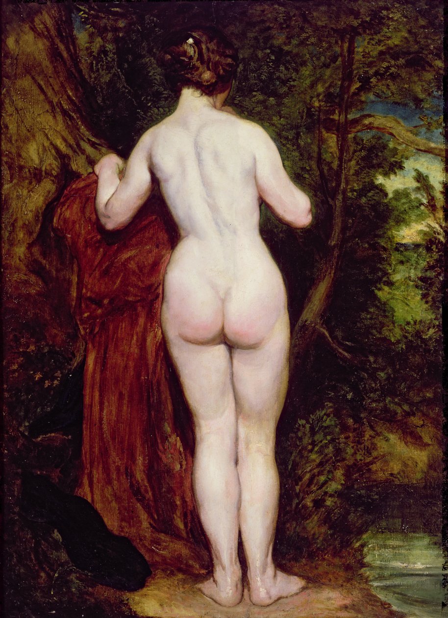 Stående kvinde nøgen ved en strøm, 1825 (olie på mølleplade) af William Etty