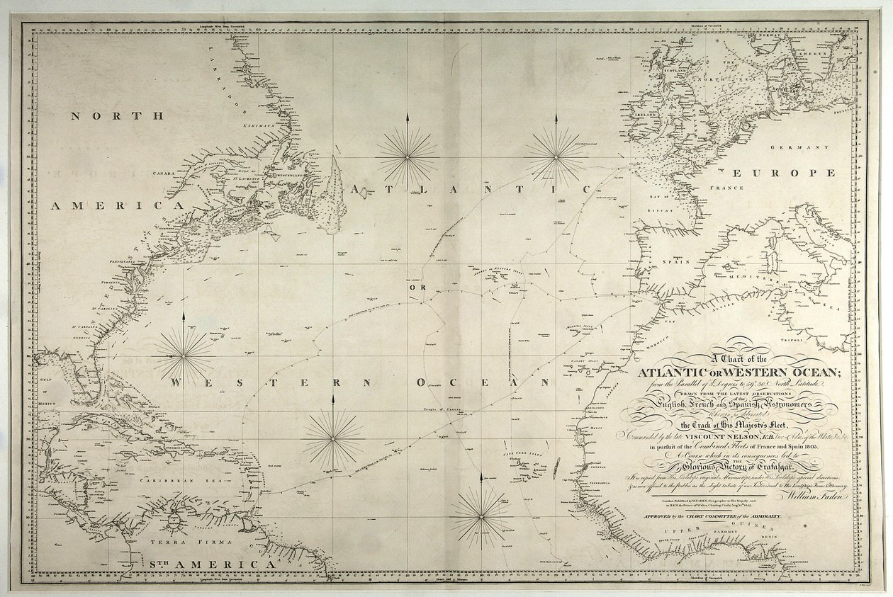 Et kort over Atlanterhavet eller det vestlige ocean, der viser sporet af Nelsons flåde, 12. maj-15. august 1805, 1807 af William Faden