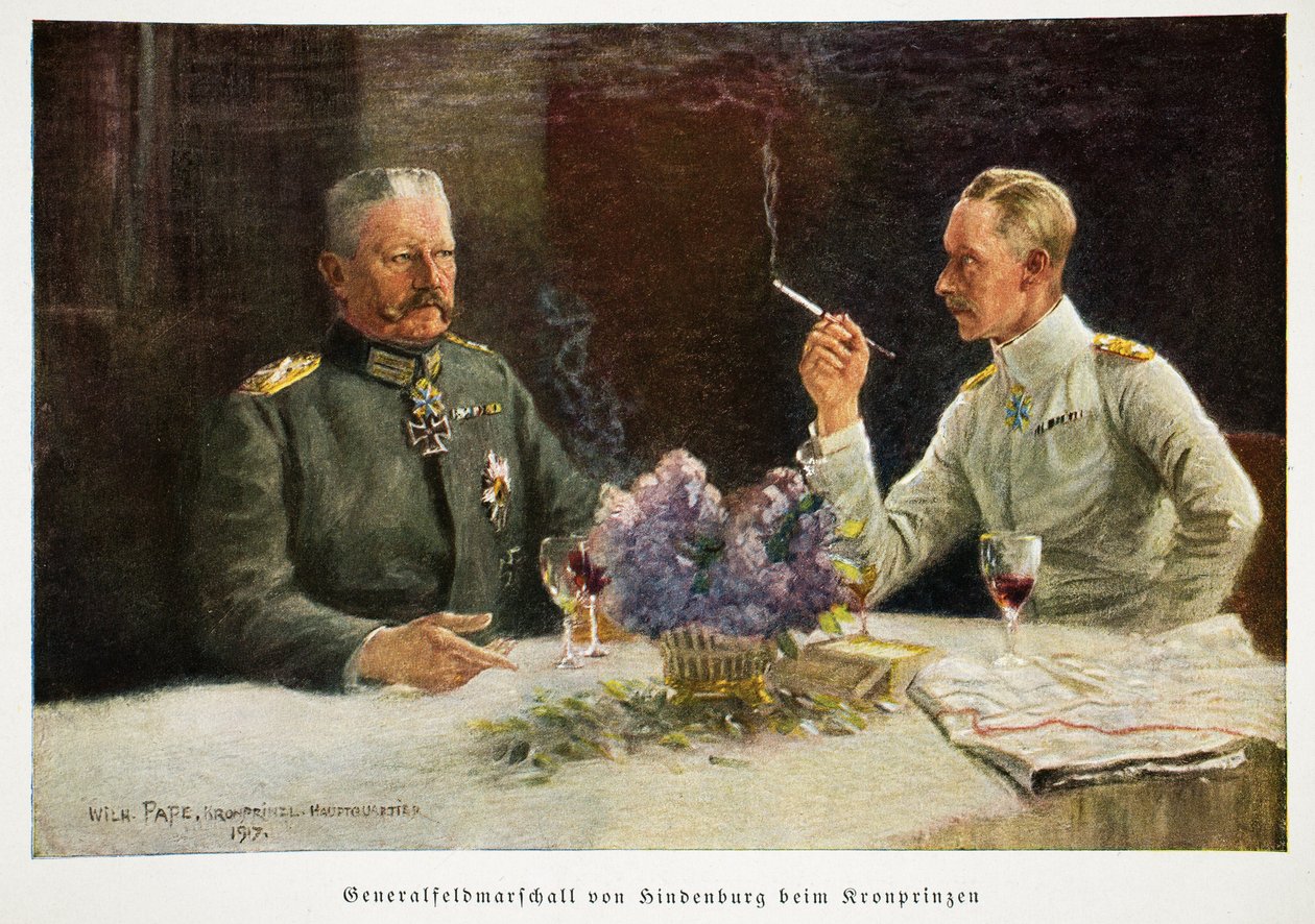 William, Tysklands kronprins og generalfeltmarskal Von Hindenburg på Kronprinzen, pub. 1917 af William Friedrich Georg Pape