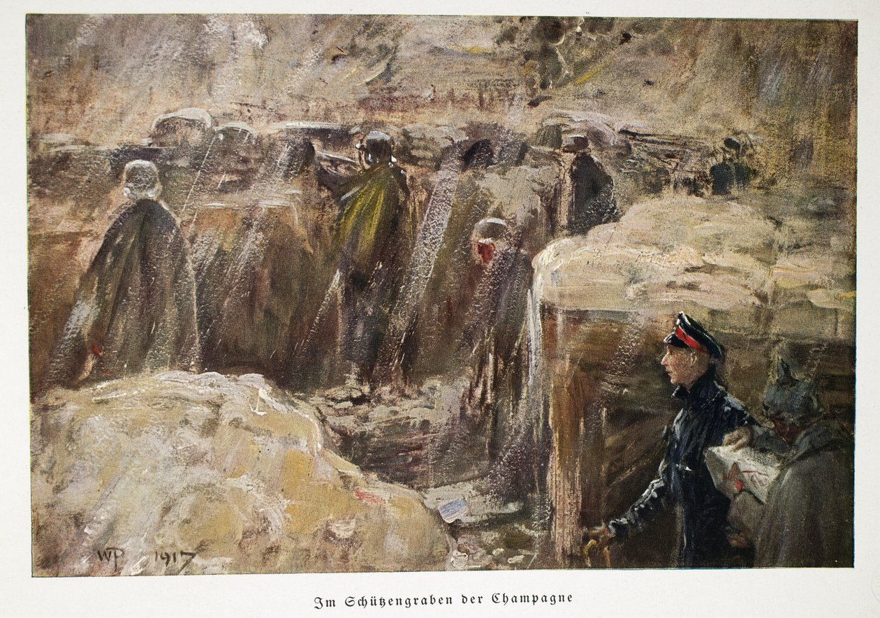 William, kronprins af Tyskland besøger tropperne bag linjerne i deres skyttegrave på Champagne pub. 1917 (farvelitografi) af William Friedrich Georg Pape