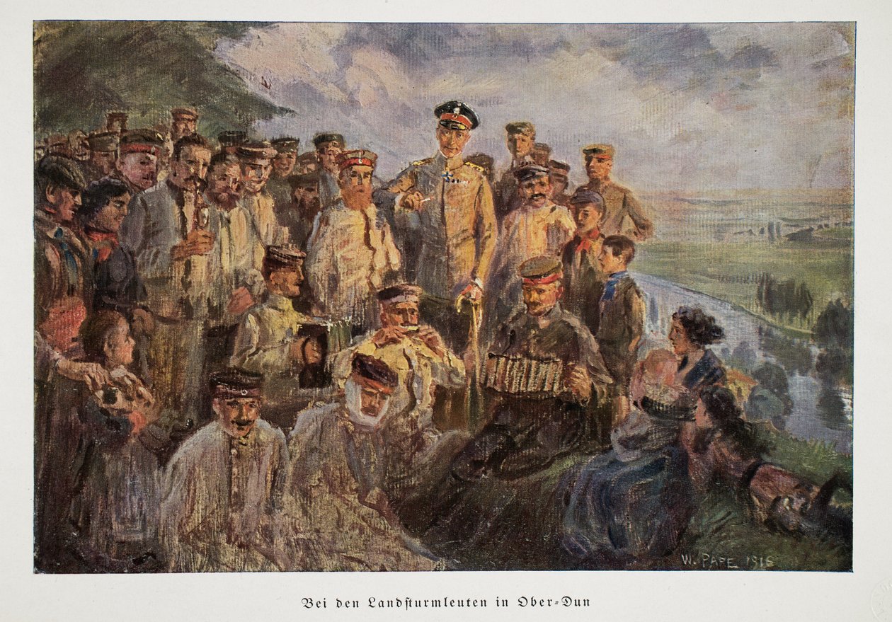 William, kronprins af Tyskland, besøger tropper, der slapper af med deres familier, mens de er fri, pub. 1918 af William Friedrich Georg Pape