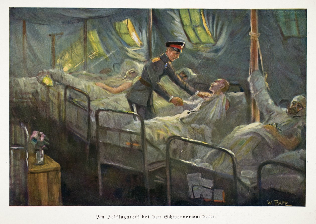 Vilhelm, kronprins af Tyskland, besøger sårede tropper på et felthospital, udg. ca. 1917 (farvelitografi) af William Friedrich Georg Pape