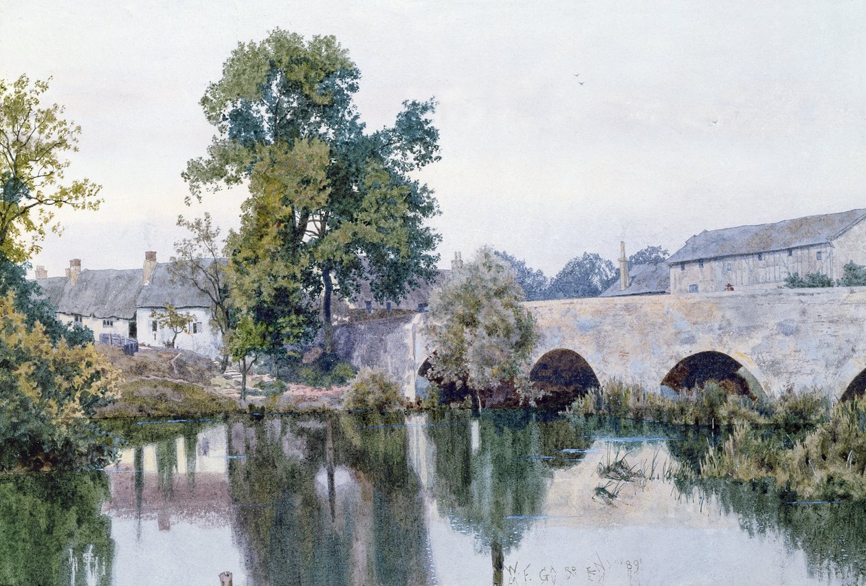 Stenbro ind til landsbyen, 1889 (wc på papir) af William Garden Fraser