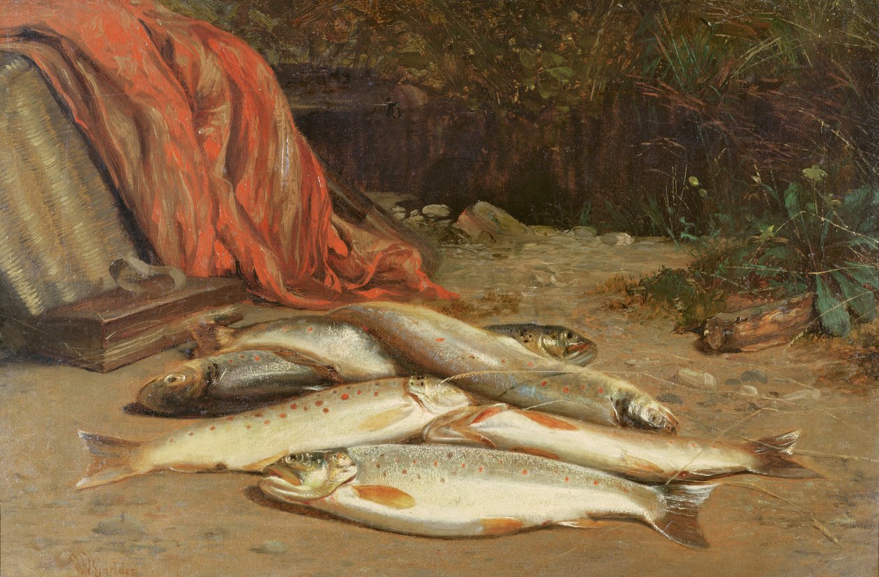 Ørred på en flodbred af William Geddes