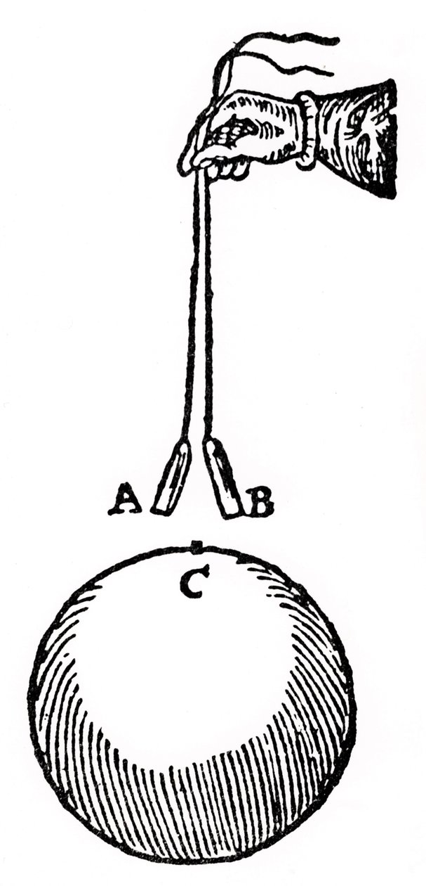 Gilberts eksperiment for at demonstrere, at to stykker jerntråd, A,B, placeret nær polen, C, på en magnet, vil have den samme magnetisme induceret i sig og dermed frastøde hinanden. Fra William Gilbert af William Gilbert