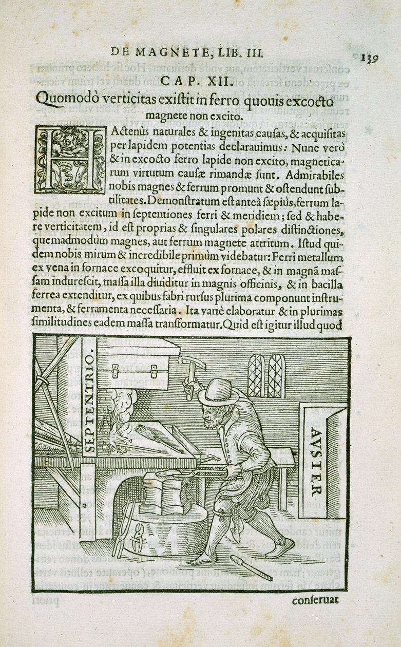 Terrella-eksperimenterne, side fra kapitel 3 i De Magnete, Magneticisque Corporibus, et de Magno Magnete Tellure, udgivet. Petrus Short, London, 1600 af William Gilbert