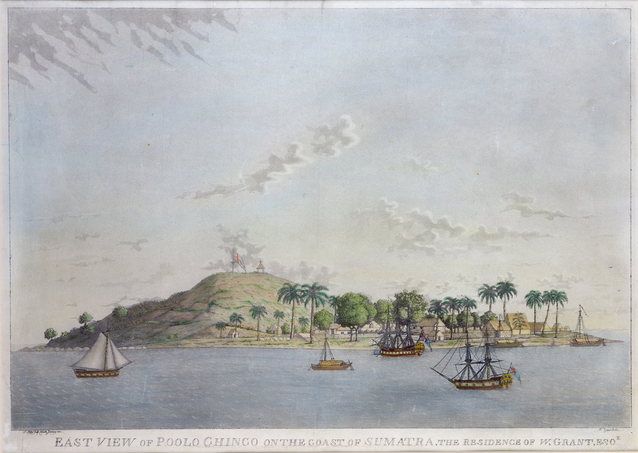 Østudsigt over Poolo Chinco på Sumatras kyst, boligen for W. Grant Esq., indgraveret af James Moffat, 1802 (håndfarvet akvatint) af William James Grant