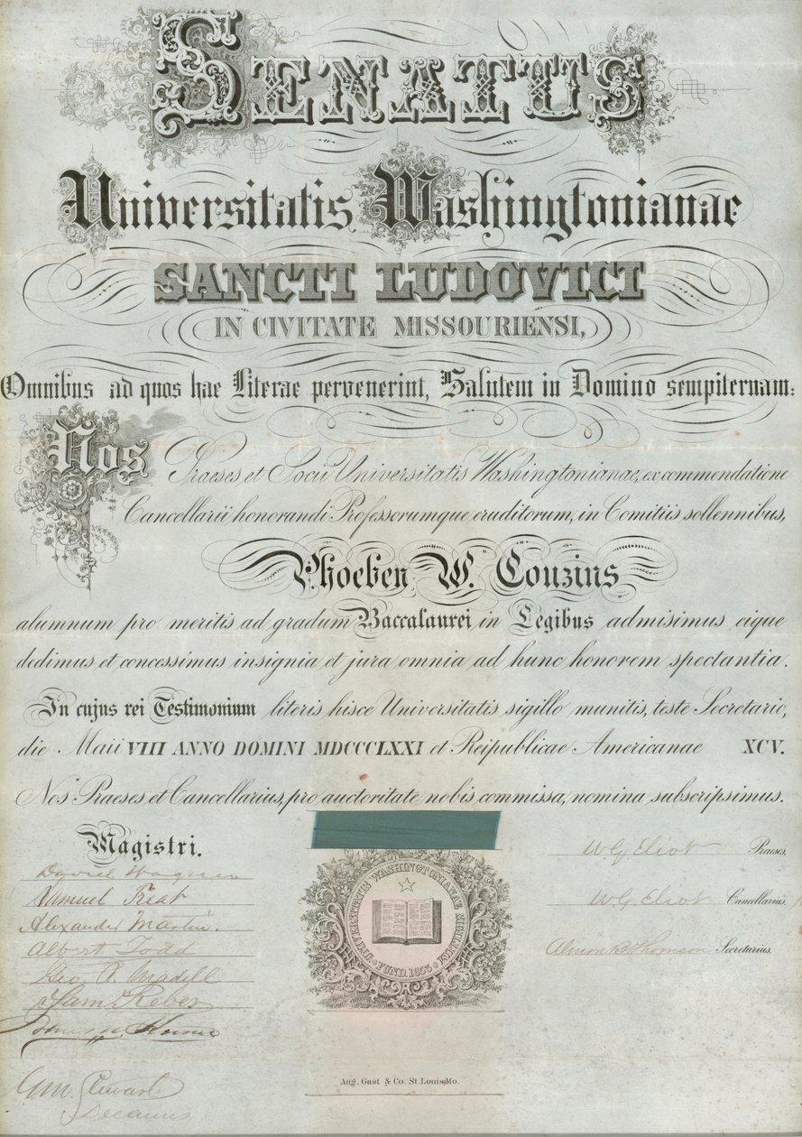 Washington University diplom af Phoebe Couzins, underskrevet præsident W.G. Eliot et al., 8. maj 1871 af William Greenleaf Eliot