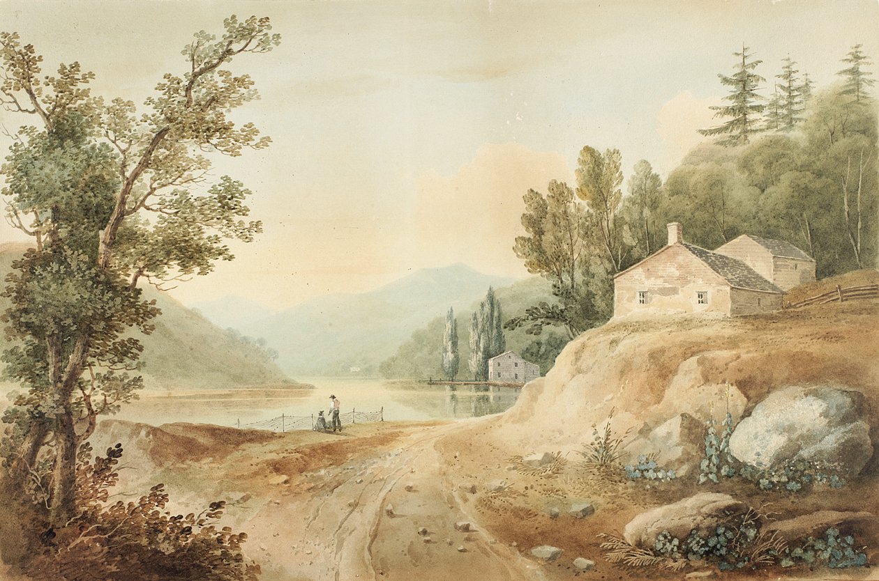 Udsigt nær Fishkill, New York: Preparatory Study for Plate 17 of The Hudson River PortFolio, 1820 (Akvarel, grafit, selektiv lasering og udkradsning med gouache på papir, båret på papir, lagt på en papirplade. af William Guy Wall