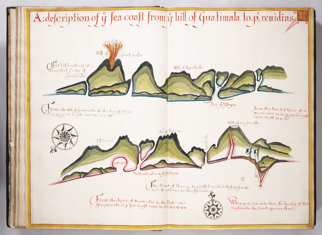 Ms Elkins 169 En beskrivelse af havkysten fra bakken i Guatemala til... Illustration fra Wagoner of the Sea (pen & blæk med wc på papir) af William Hack