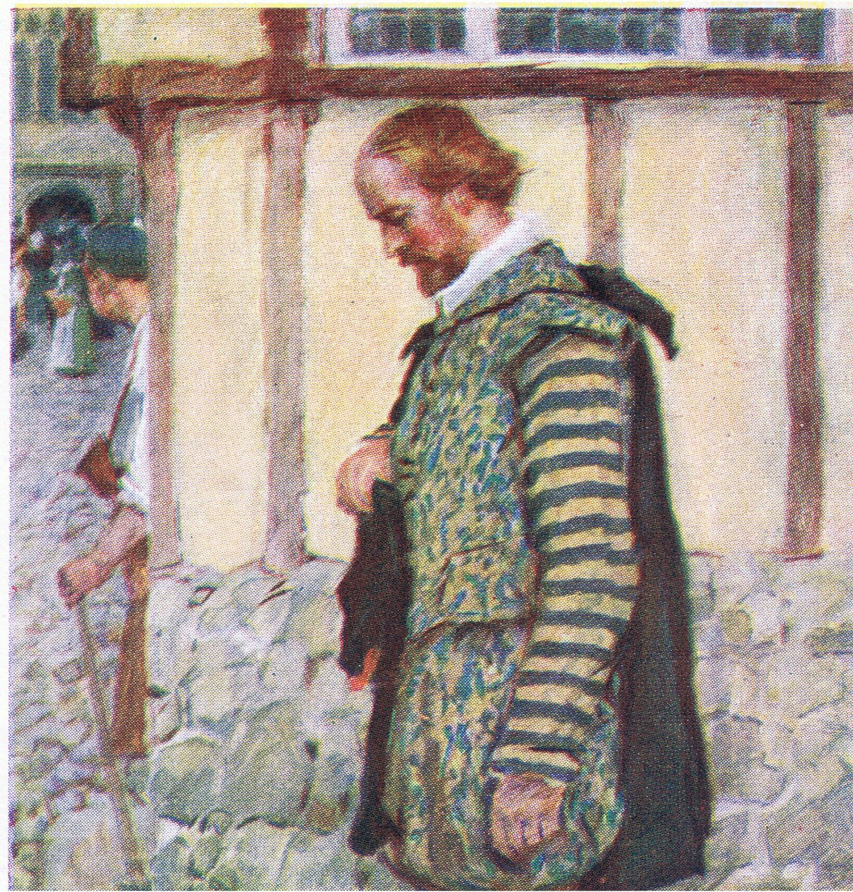 Shakespeare fjerner sin hat, da han hører lyden af en forbipasserende klokke, fra My Magazine, pub.1922 af William Hatherell
