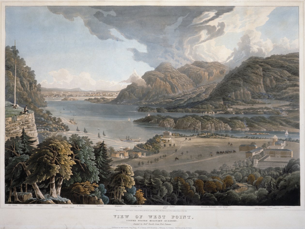 View of West Point, United States Military Academy, 1848 (håndfarvet akvatinte og gravering på vævet papir) af William Havell