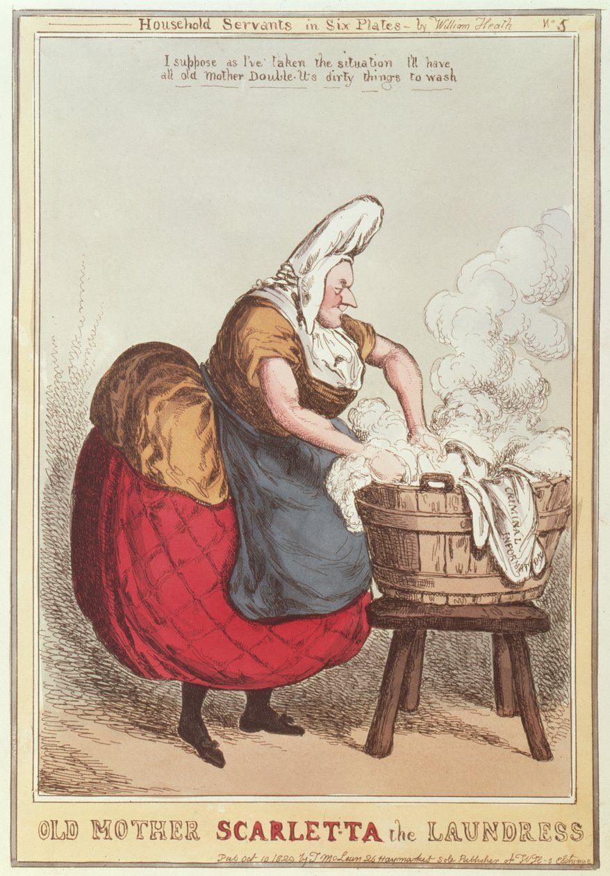 Old Mother Scarletta the Laundress, nr.5 fra serien Husholdningstjenere, udgivet i 1829 af William Heath