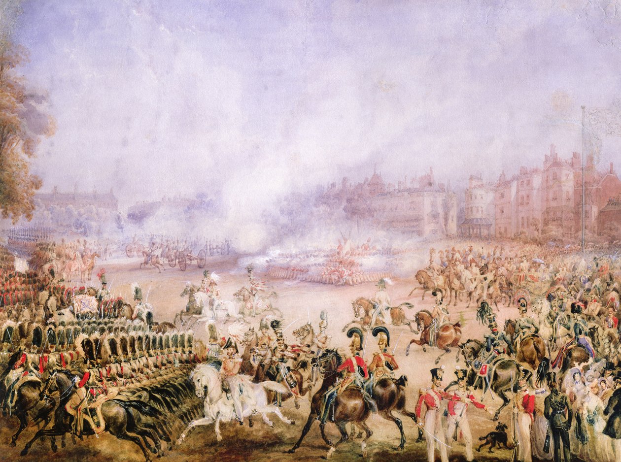 Queen Victorias Accession Day Salute, Hyde Park, London, 1837 (blyant, gummi arabicum, wc og gouache på papir) af William Heath