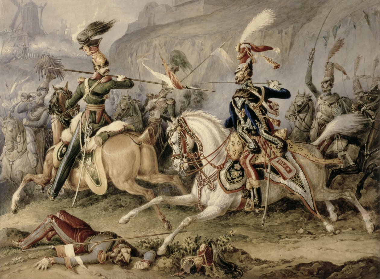 Cavalry Battle, 1830 (wc over blyant forhøjet med gouache på papir) af William Heath