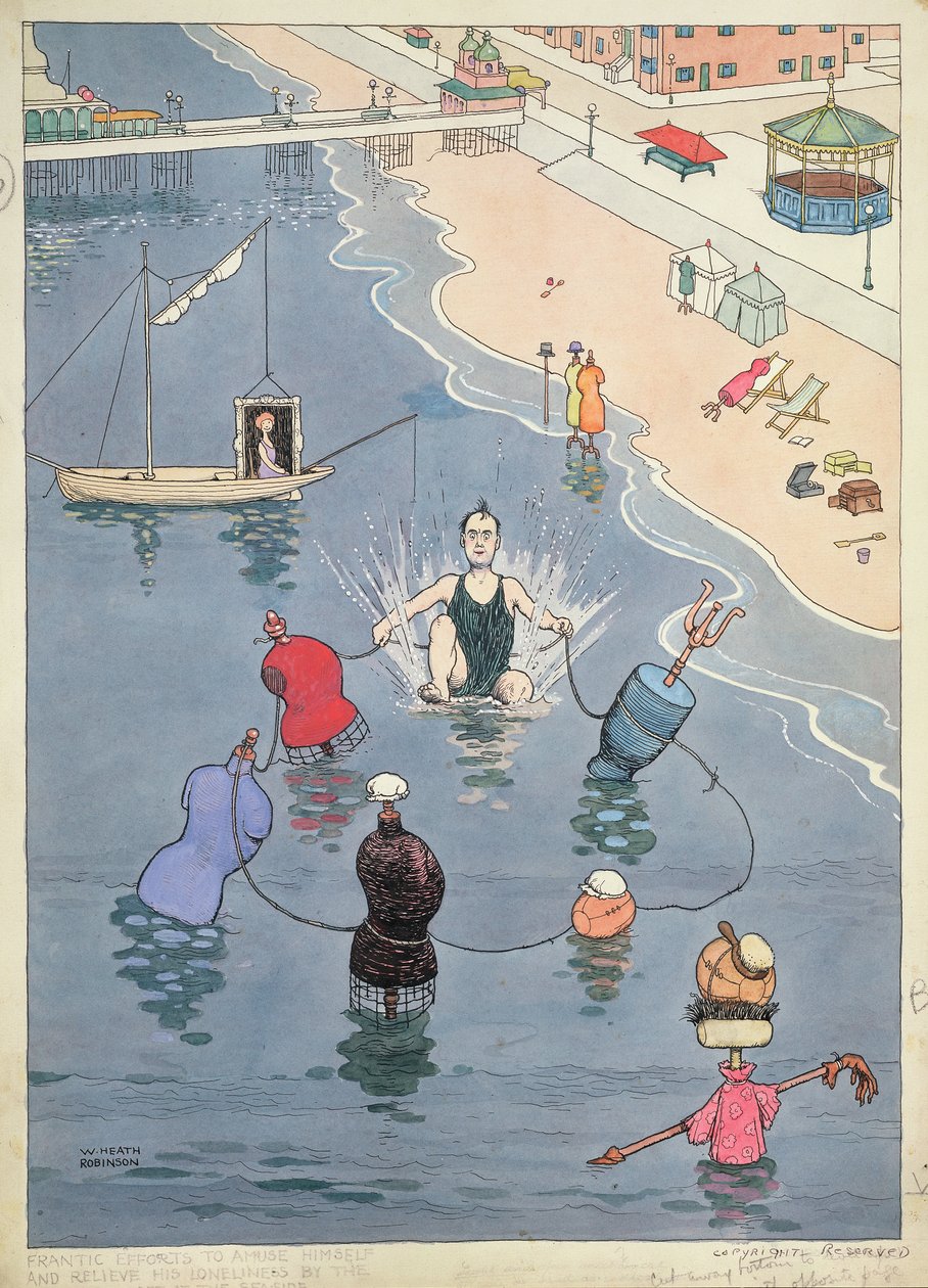 Frantiske bestræbelser på at more sig og lindre hans ensomhed af den sidste mand, der er tilbage ved havet af William Heath Robinson