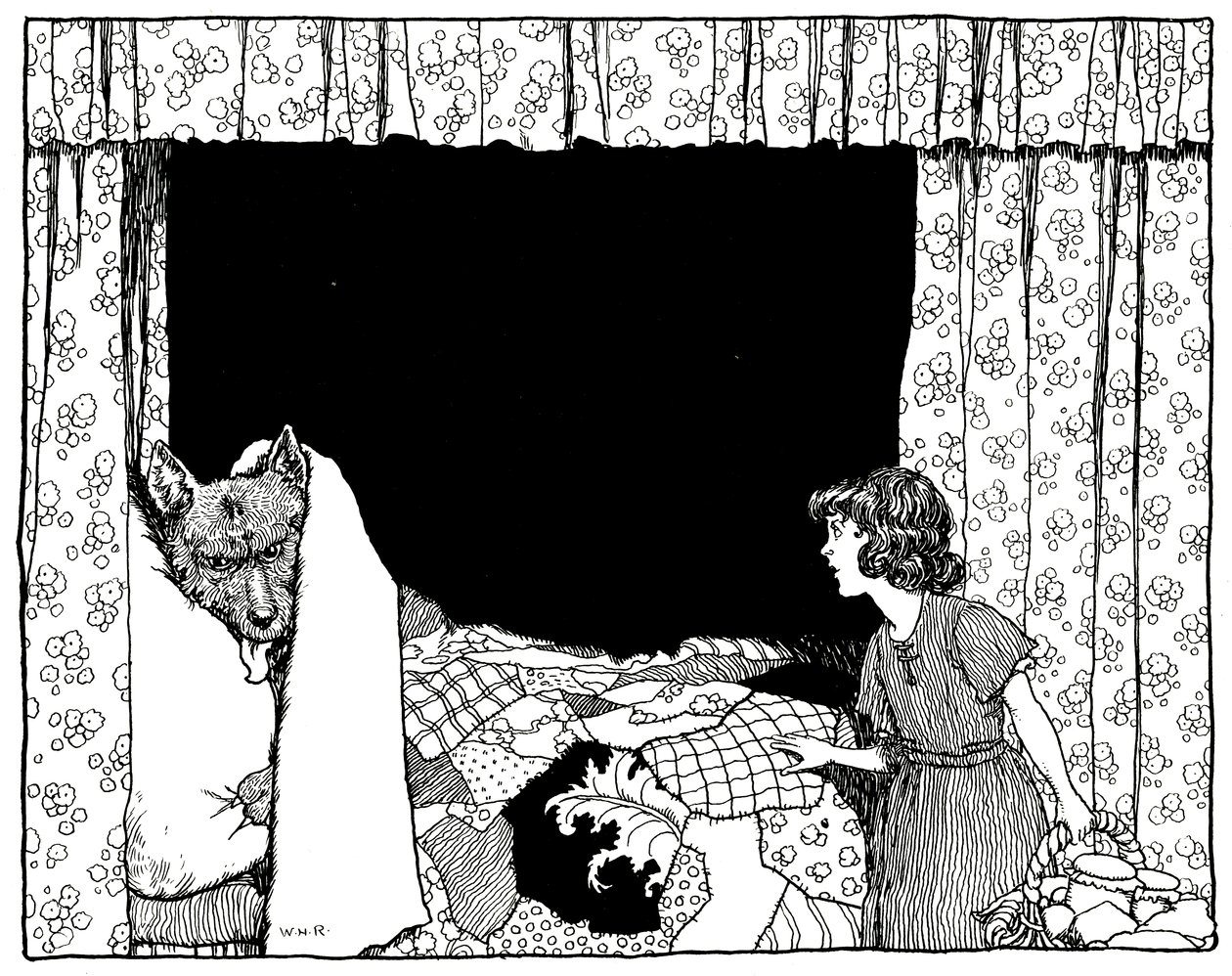 Rødhætte gik til sengekanten, illustration fra Old Time Stories af Charles Perrault, pub. af Constable & Co Ltd, 1921 af William Heath Robinson