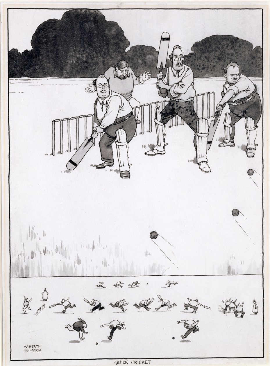 Quick Cricket, en ny metode til at give begge sider en chance, en illustration til The Bystander, maj 1927 (pen og blæk og wc) af William Heath Robinson