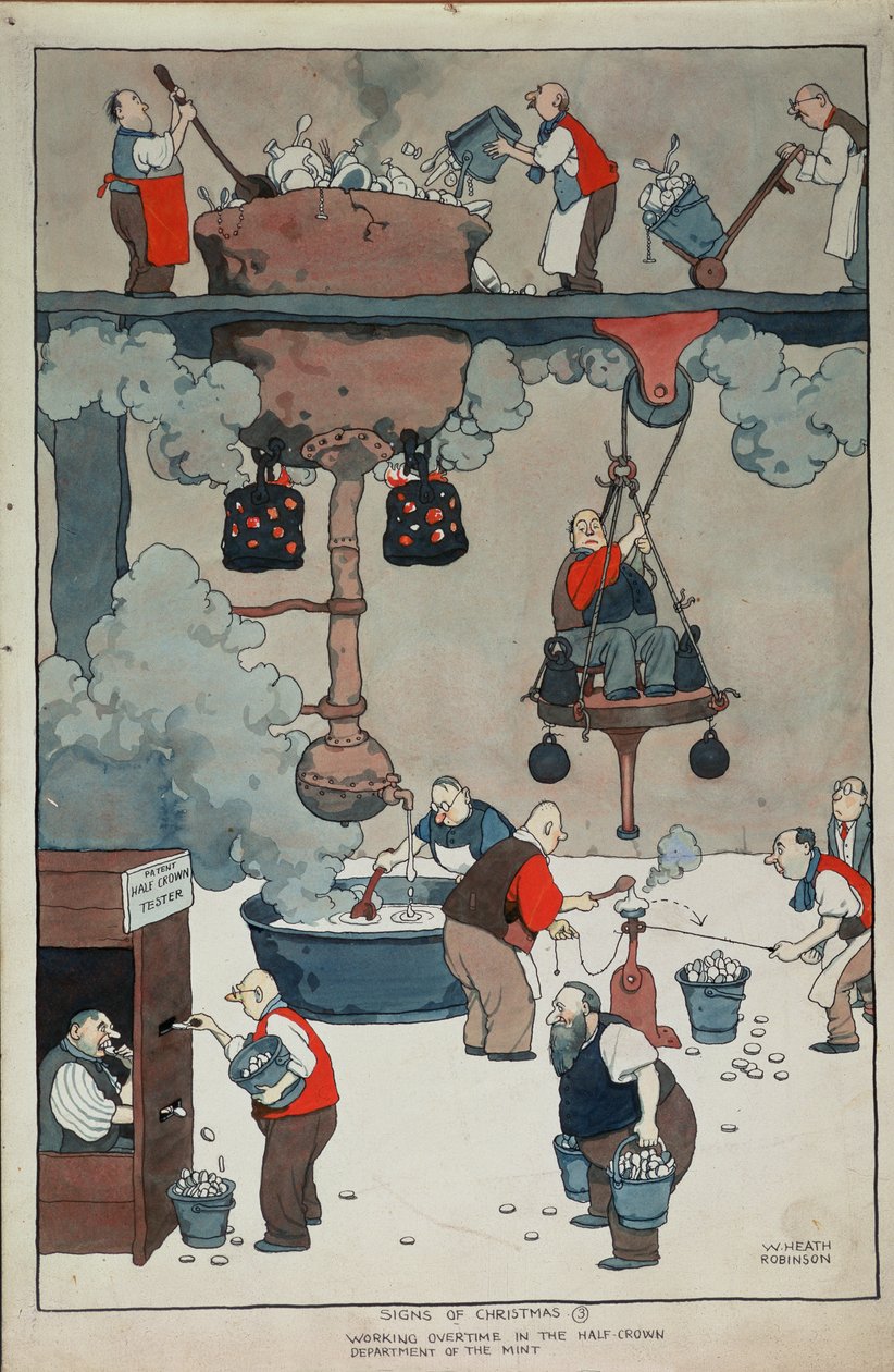 Julens tegn. Arbejder overarbejde i møntafdelingens halvkrone af William Heath Robinson