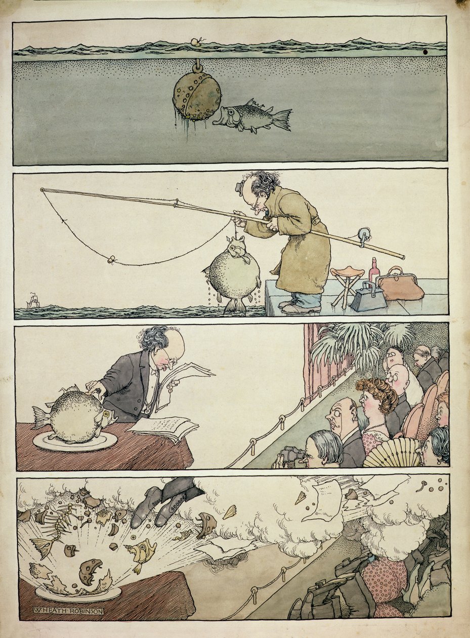 Fisken og den flydende mine af William Heath Robinson