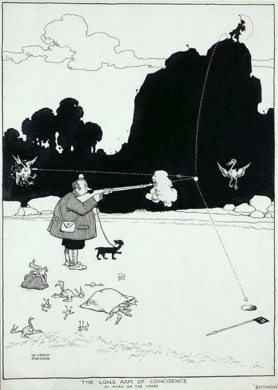 Tilfældighedens lange arm i arbejde på maurerne, en illustration til The Bystander, august 1922 (pen og blæk) af William Heath Robinson