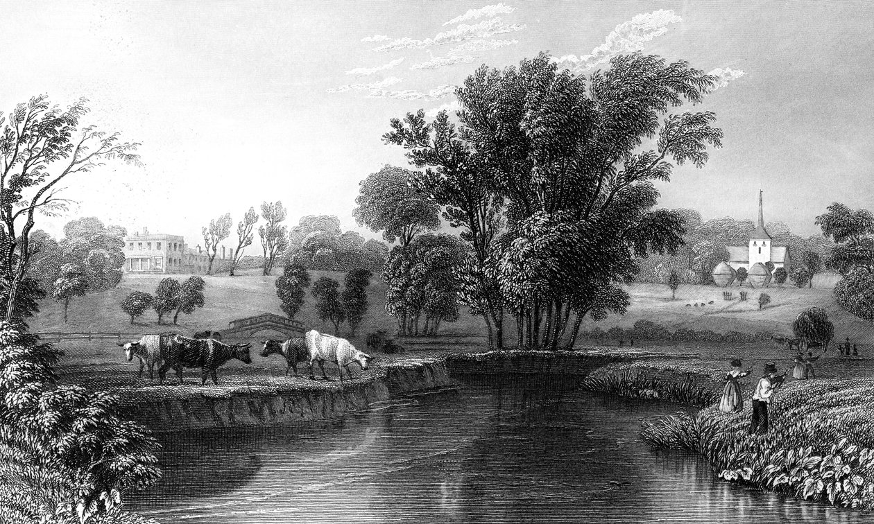 Stisted Hall og kirke, Essex, graveret af William Wallis, 1832 af William Henry Bartlett