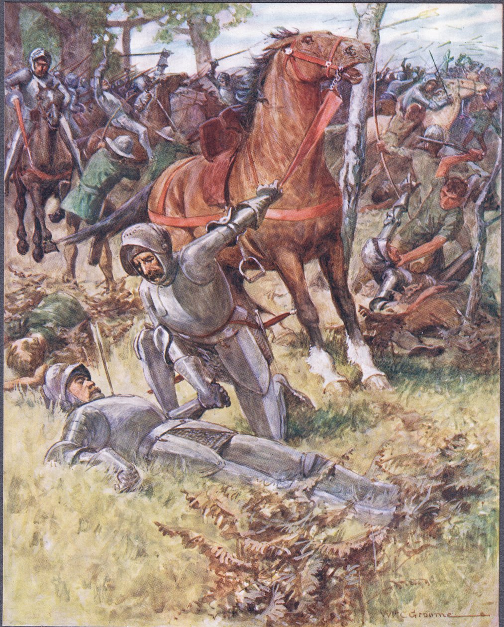 Earl Percy forlod derefter livet og tog den døde mand i hånden, illustration fra Ballads of Famous Fights, ca. 1900 af William Henry Charles Groome
