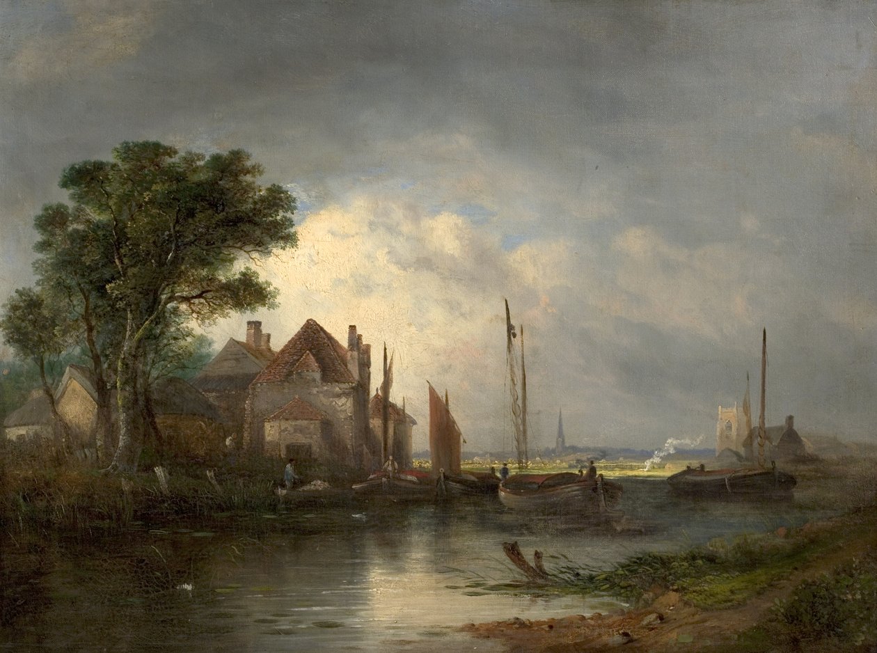 Flodscene med både, 1800-tallet af William Henry Crome
