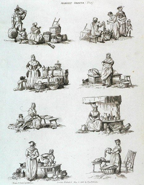 Markedsgrupper, fra Microcosm, bind II, indgraveret af J. Hill, ca. 1806 af William Henry after Pyne
