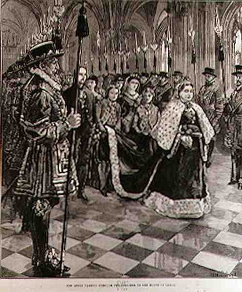 Dronningen på vej gennem korridoren til overhuset, fra The Illustrated London News, 30. januar 1886 af William Heysham after Overend