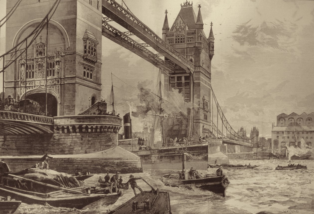 Tower Bridge, der skal opføres over Themsen: Grundsten lagt af prinsen af Wales mandag sidst, fra The Illustrated London News, 26. juni 1886 af William Heysham after Overend