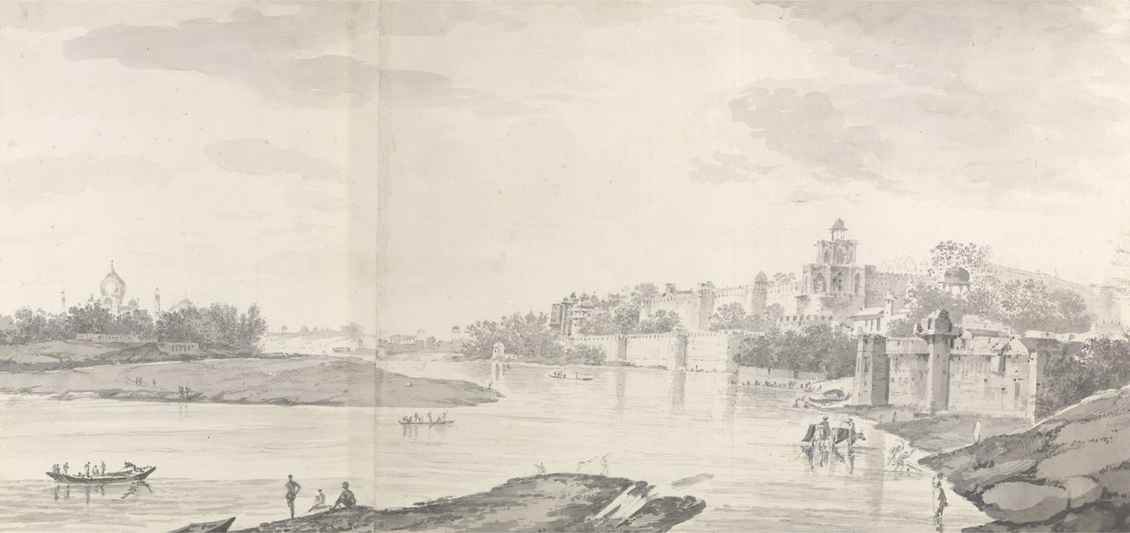 Udsigt over Agra-fortet ved floden Jumna fra nordøst, ca. 1783 (grå vask og blyant på papir) af William Hodges