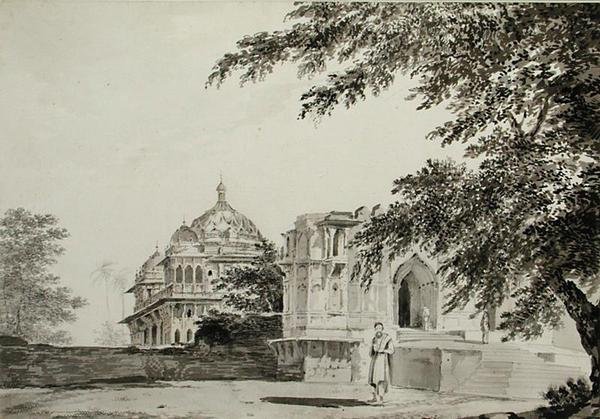 En udsigt over moskeen ved Mounheer fra sydøst, ca. 1781 (blyant, pen, blæk og vask på papir) af William Hodges
