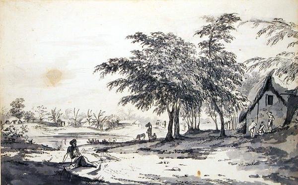 Udsigt over en indisk landsby med en mand i forgrunden, ca. 1781-83 (grå vask, pen og sort blæk og grafit på lagt papir) af William Hodges