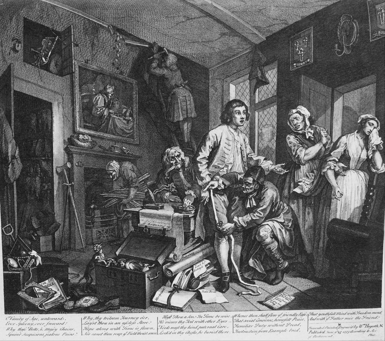 A Rakes Progress, Plate 1, The Young Arving Takes Besiddelse af Misers Effects af William Hogarth