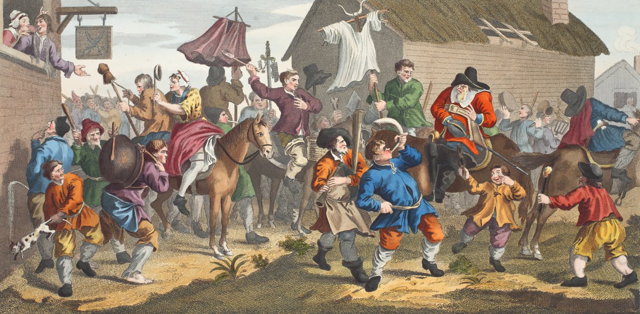 Hudibras møder Skimmington, illustration fra "Hogarth Restored: The Whole Works of the celebrated William Hogarth, re-engraved by Thomas Cook", pub. 1812 (håndkoloreret gravering) af William Hogarth