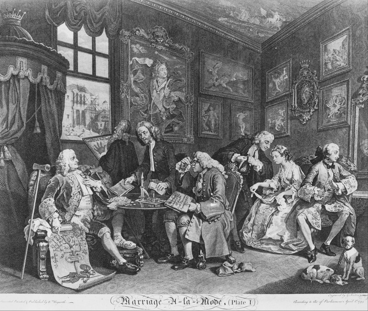 Ægteskab à la Mode, Plate 1, (Ægteskabskontrakten) af William Hogarth