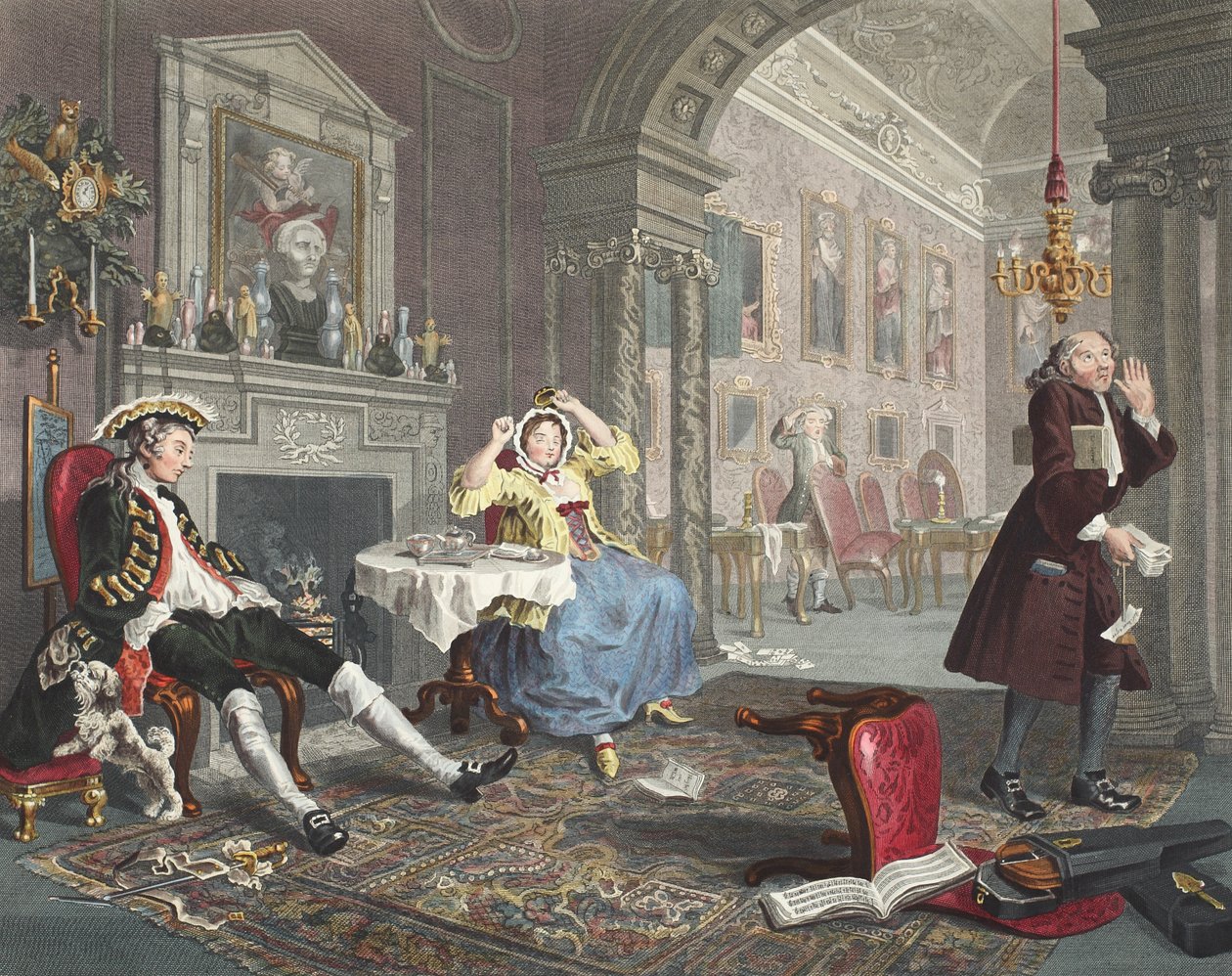 Ægteskab a la Mode, planche II, The Tete a Tete, illustration fra "Hogarth Restored: The Whole Works of the celebrated William Hogarth, re-engraved by Thomas Cook", pub. 1812 (håndkoloreret gravering) af William Hogarth