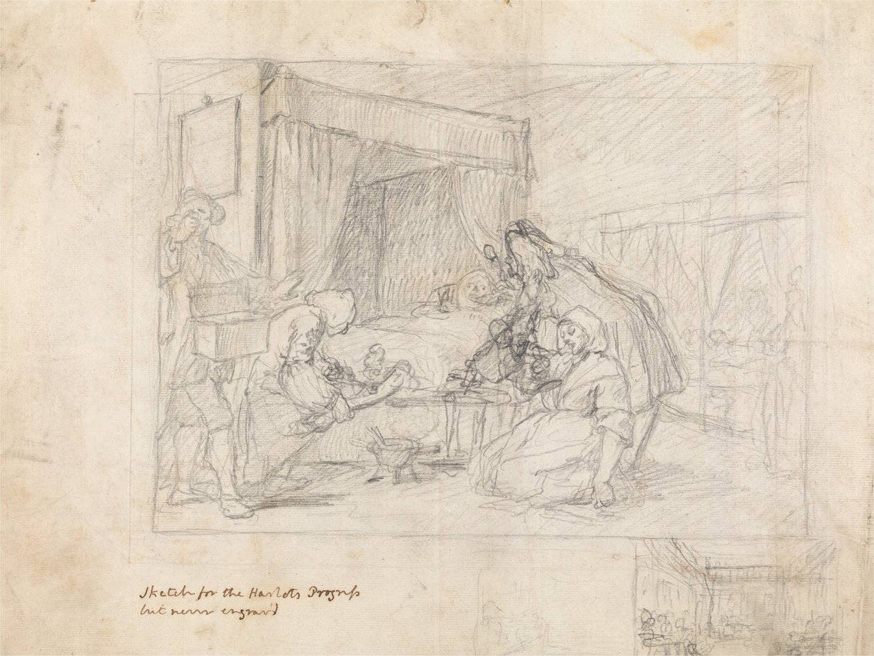 Operationsscene på et hospital med subsidiære skitser i margenen nederst til højre af William Hogarth